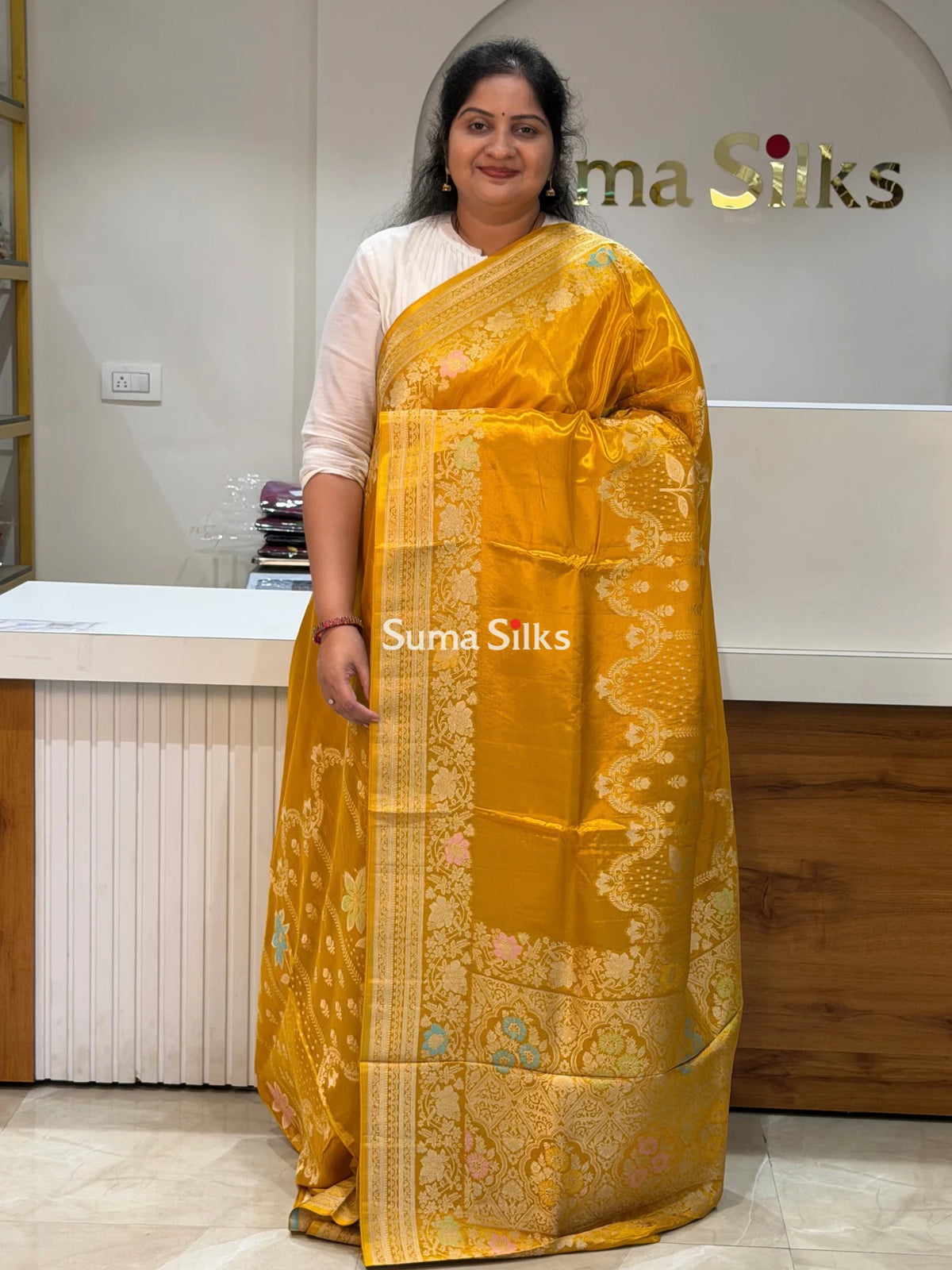 HO Crepe Silk Saree Center Design Musturd Color