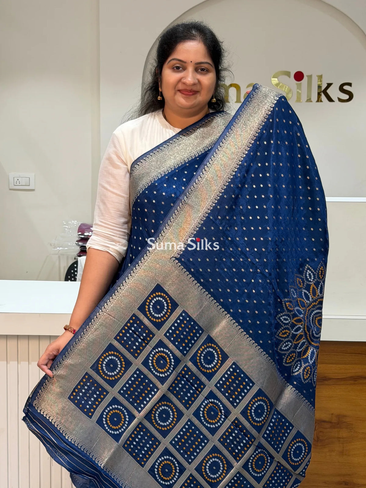 HO Crepe Bandhani Saree Navy Color