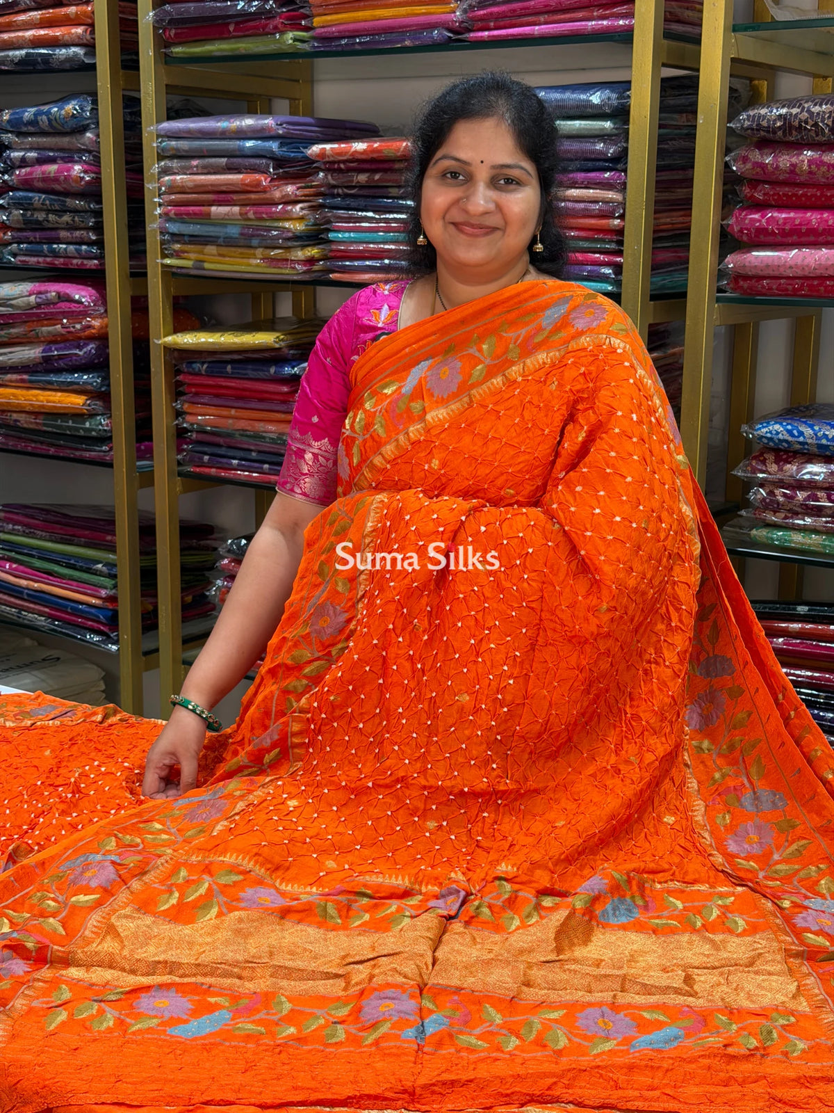 Hand Bandhej Bengal Border Orange