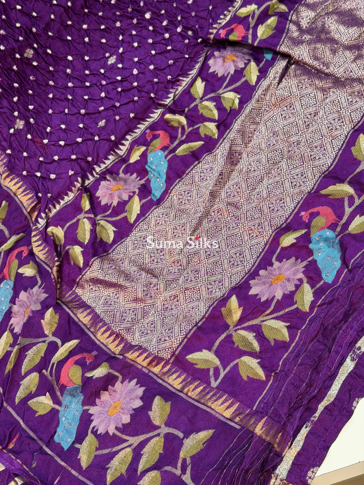 Hand Bandhej Bengal Border Purple
