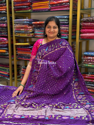 Hand Bandhej Bengal Border Purple