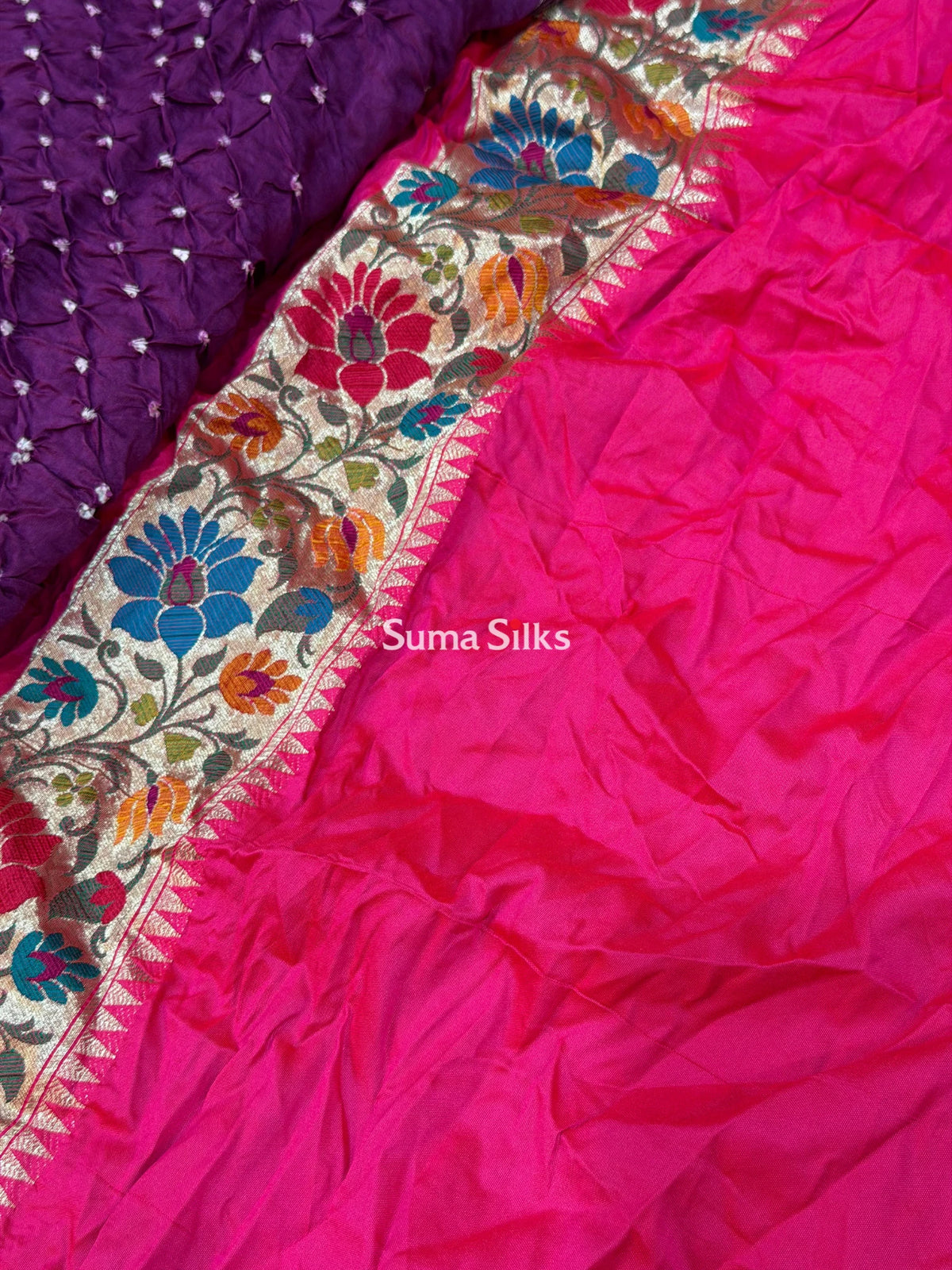 Hand Bandhej Katan Border with Meenakari Design Magenta Color