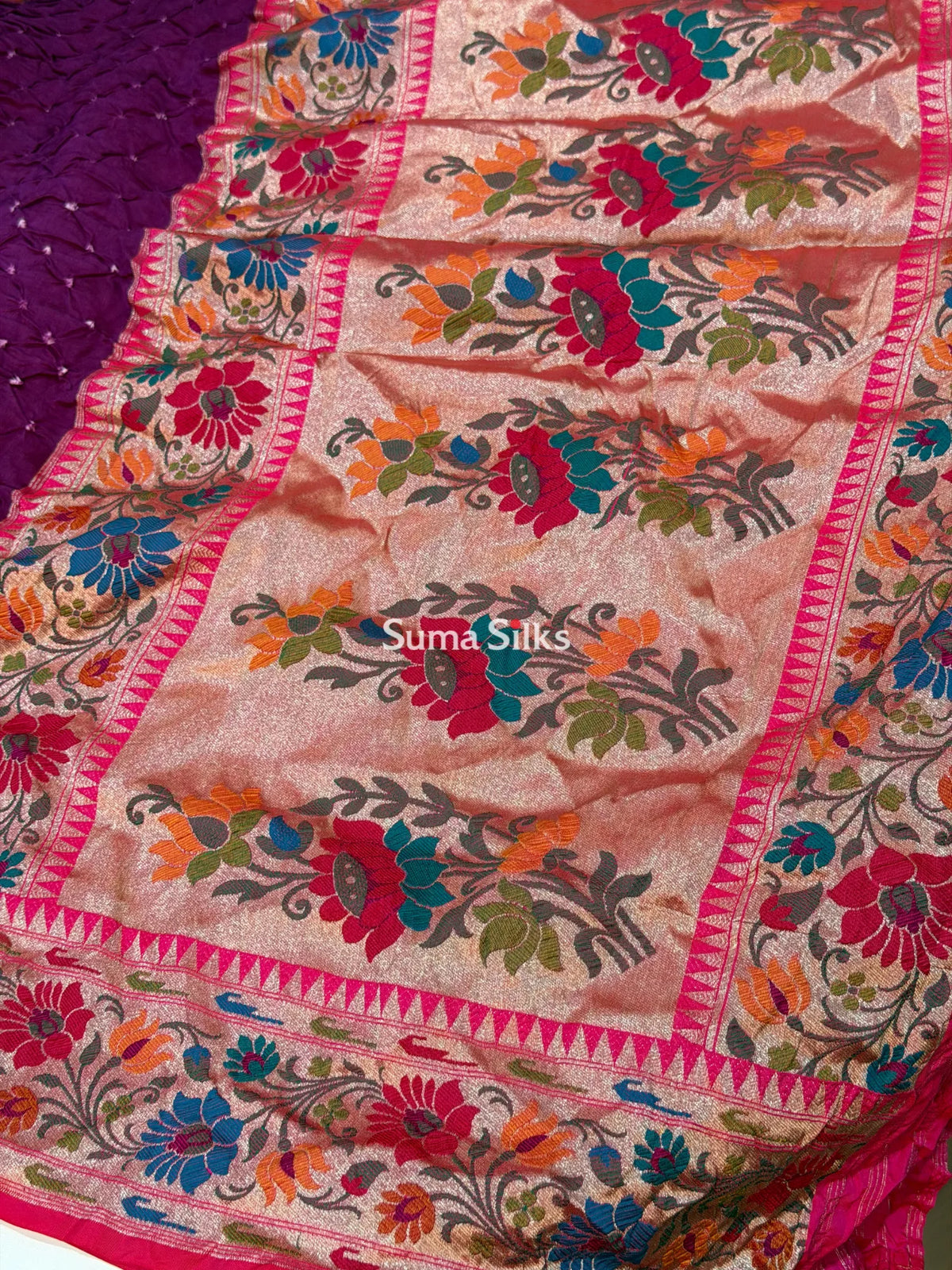 Hand Bandhej Katan Border with Meenakari Design Magenta Color