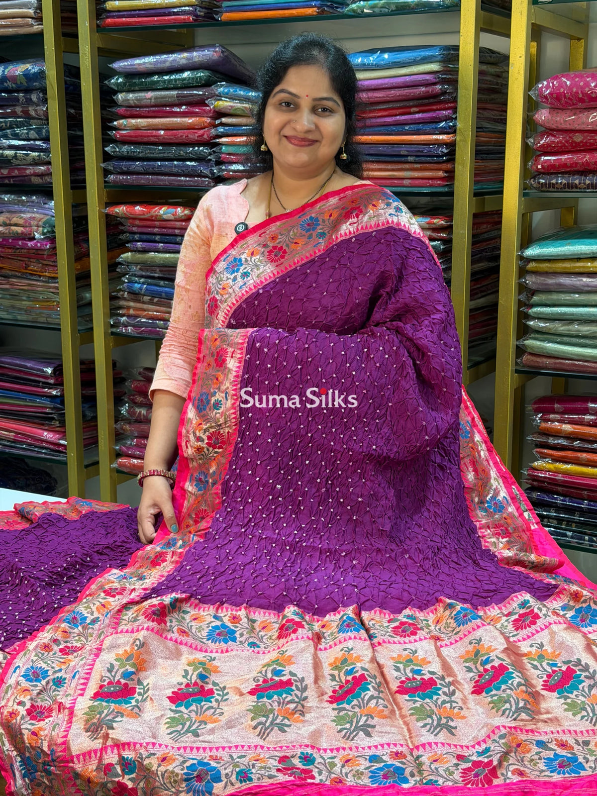 Hand Bandhej Katan Border with Meenakari Design Magenta Color