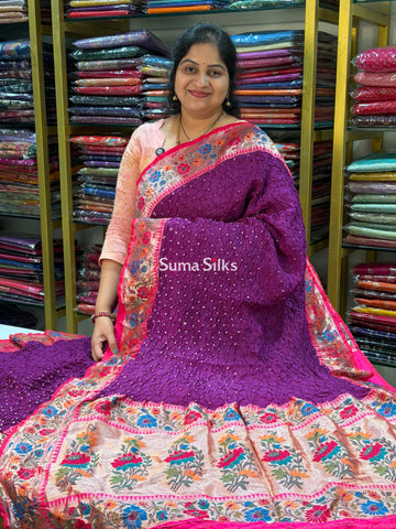 Hand Bandhej Katan Border with Meenakari Design Magenta Color