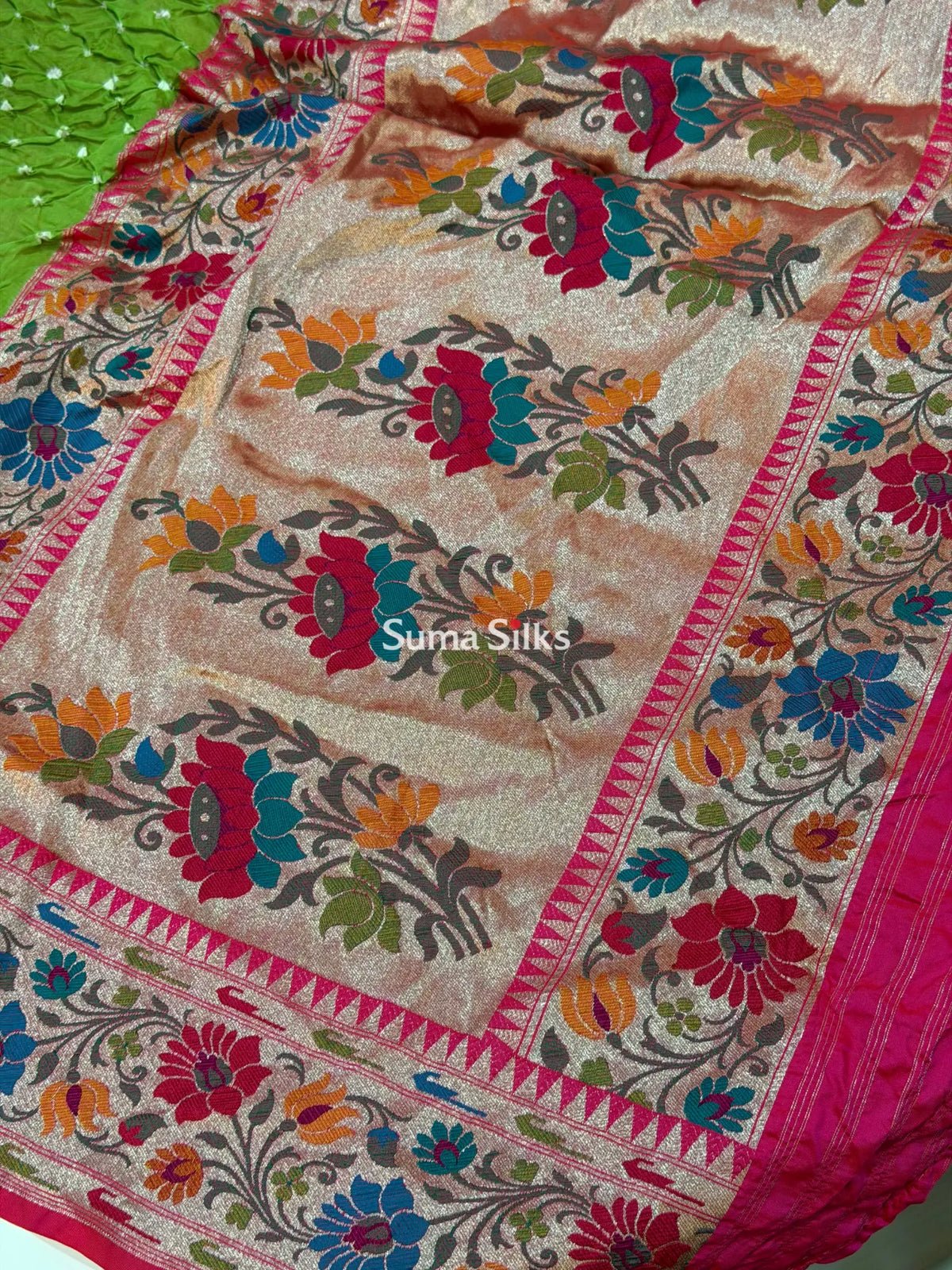 Hand Bandhej Katan Border with Meenakari Design Parrot Green Color