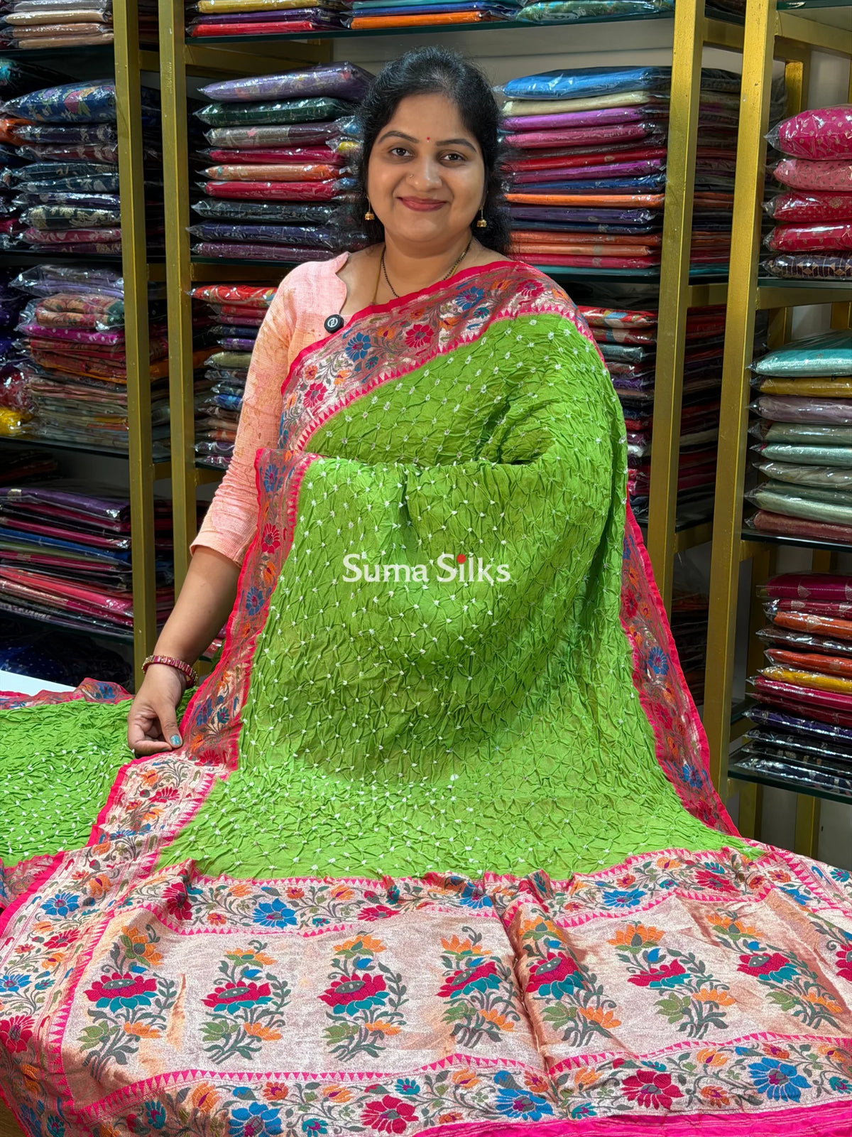 Hand Bandhej Katan Border with Meenakari Design Parrot Green Color