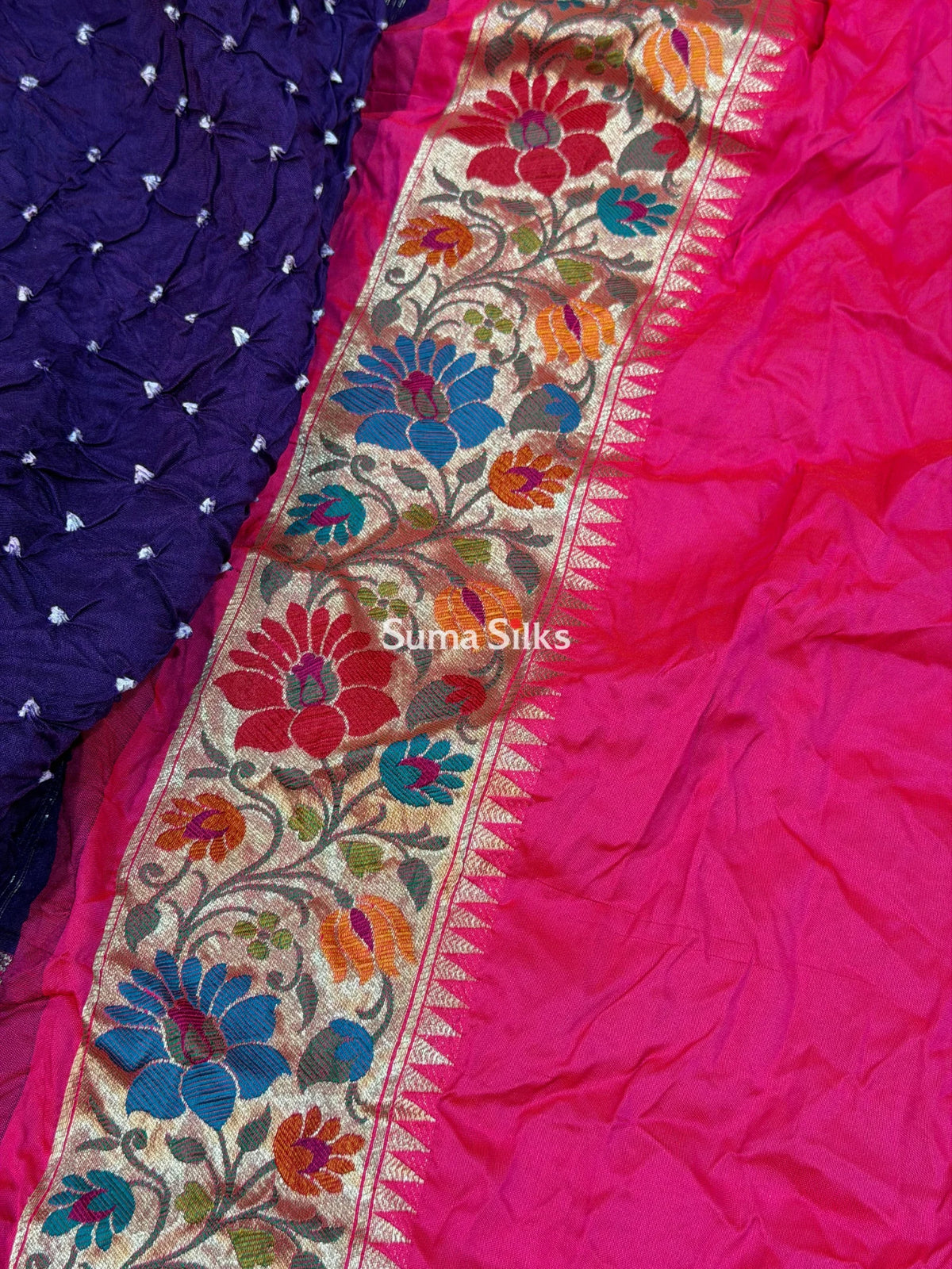 Hand Bandhej Katan Border with Meenakari Design Purple Color