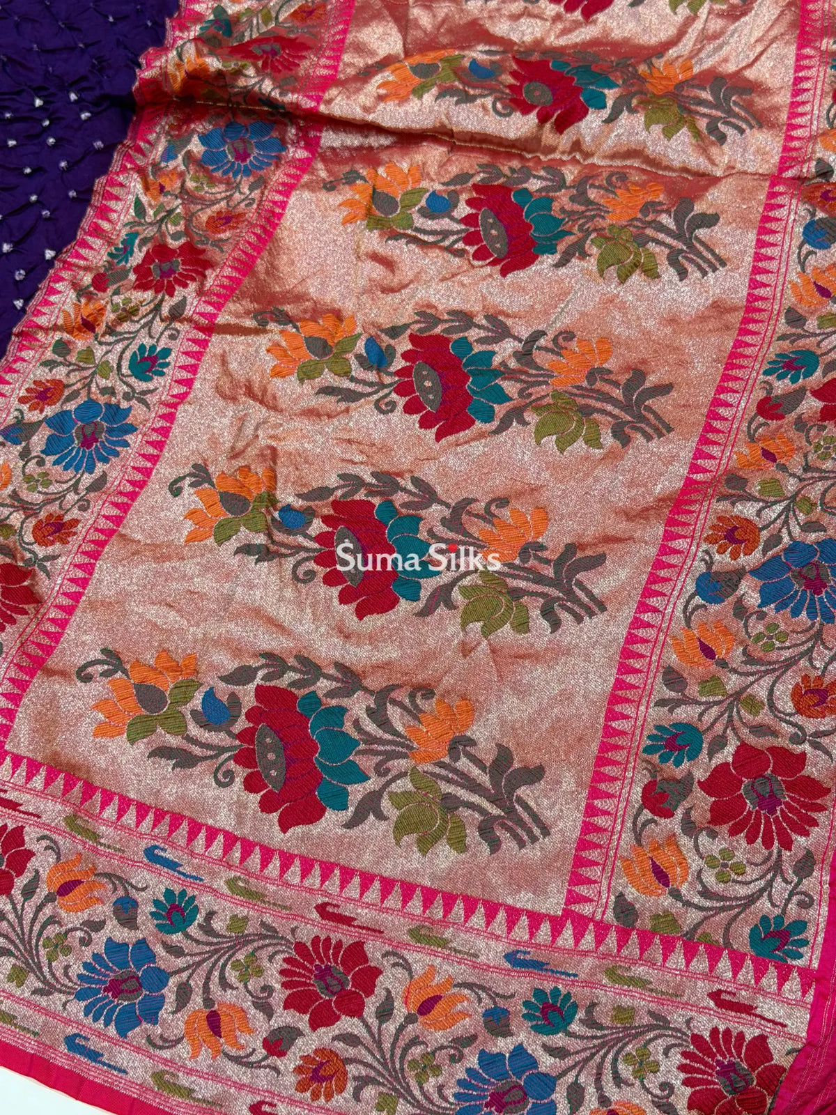 Hand Bandhej Katan Border with Meenakari Design Purple Color