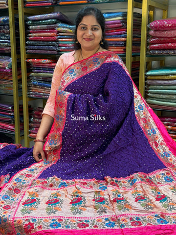 Hand Bandhej Katan Border with Meenakari Design Purple Color