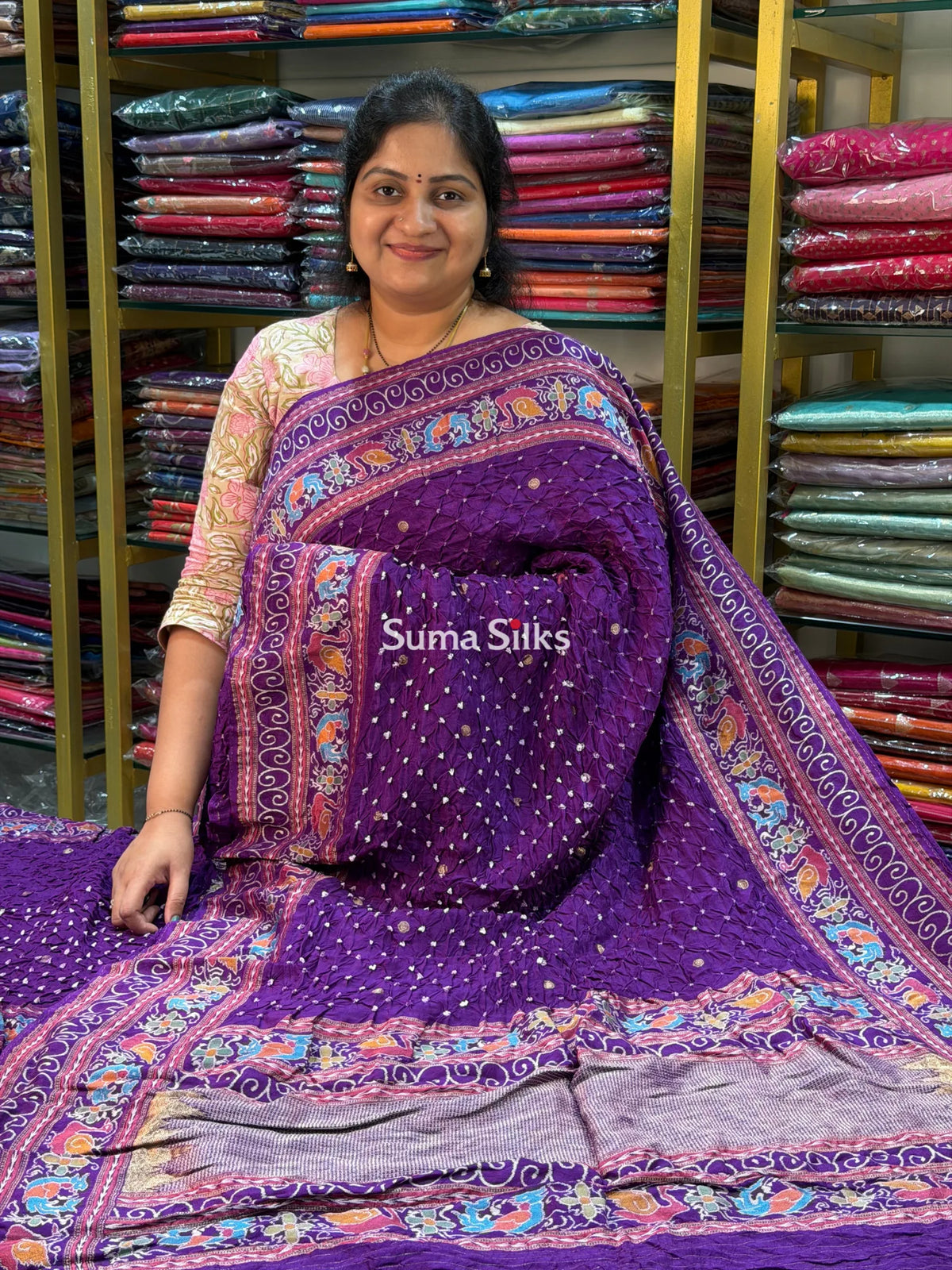 Hand Bandhej Madhuri Border Light Purple