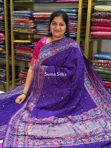 Hand Bandhej Madhuri Border Purple