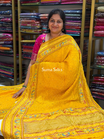 Hand Bandhej Madhuri Border Yellow