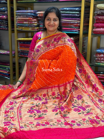 Hand Bandhej Paithani Border Orange