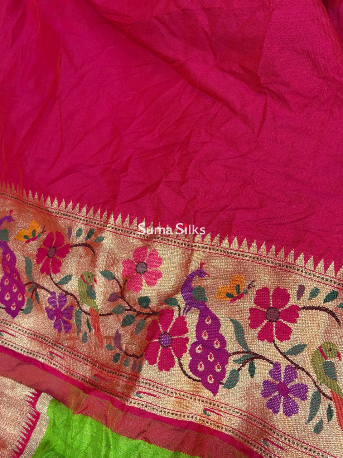 Hand Bandhej Paithani Border Parrot Green