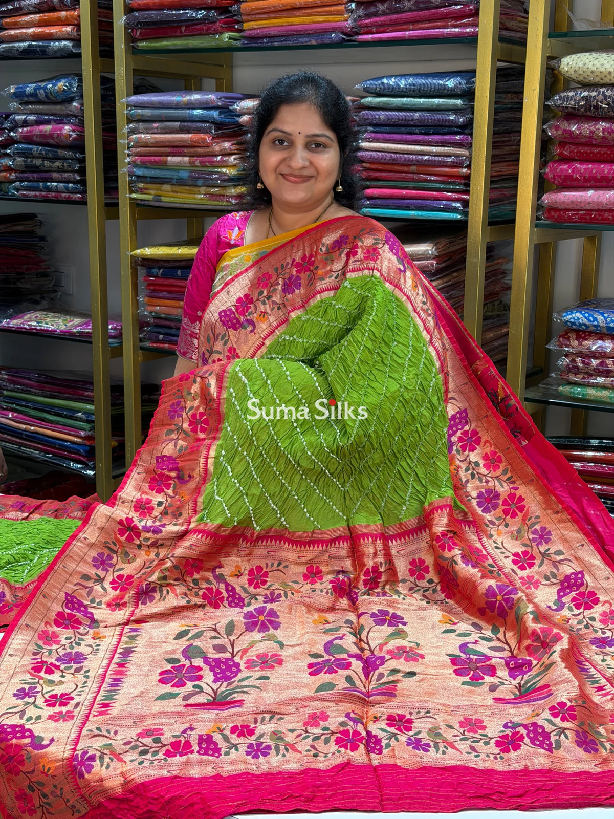Hand Bandhej Paithani Border Parrot Green