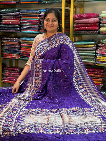 Hand Bandhej Patola Border Dark Purple Color
