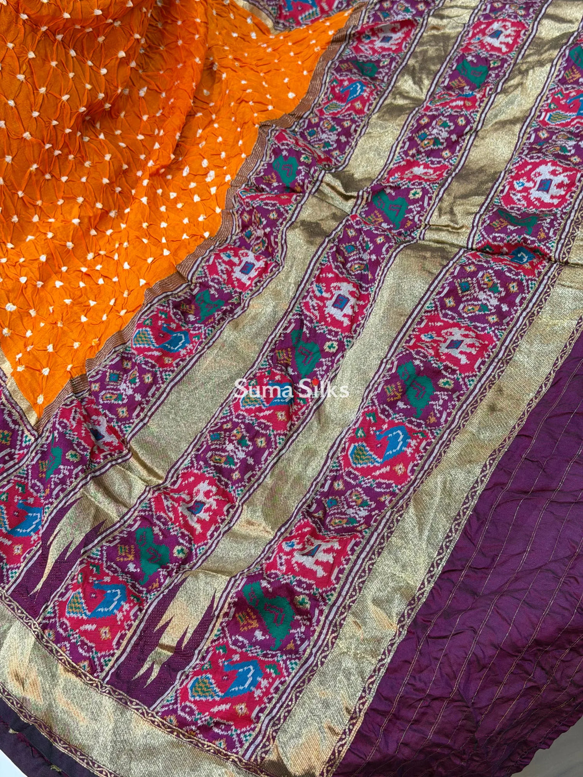 Hand Bandhej Patola Border Orange Color