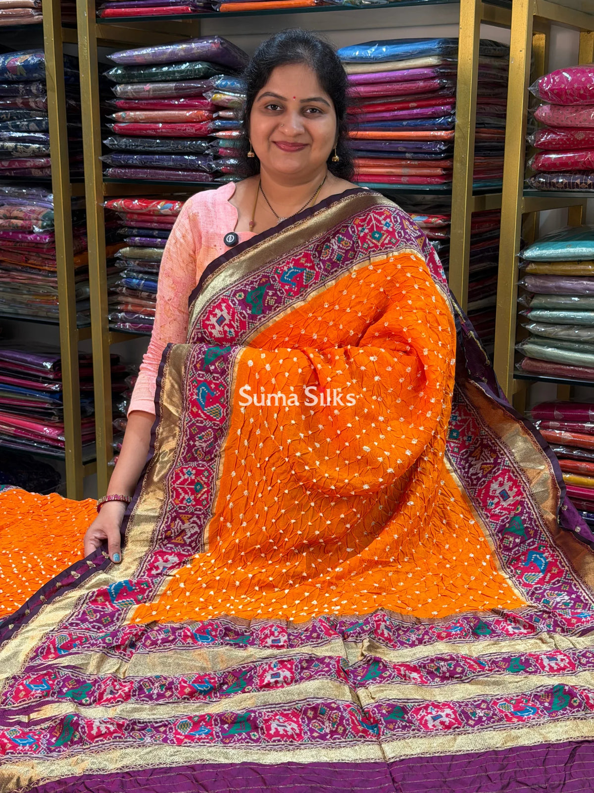 Hand Bandhej Patola Border Orange Color