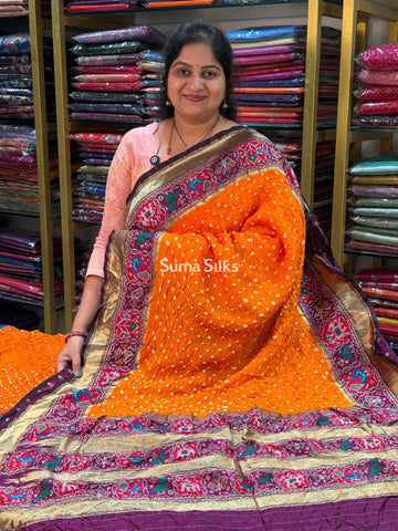 Hand Bandhej Patola Border Orange Color