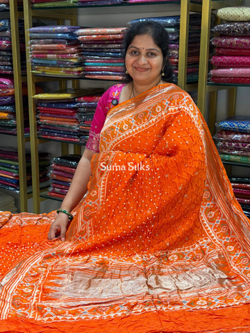 Hand Bandhej Patola Border Orange