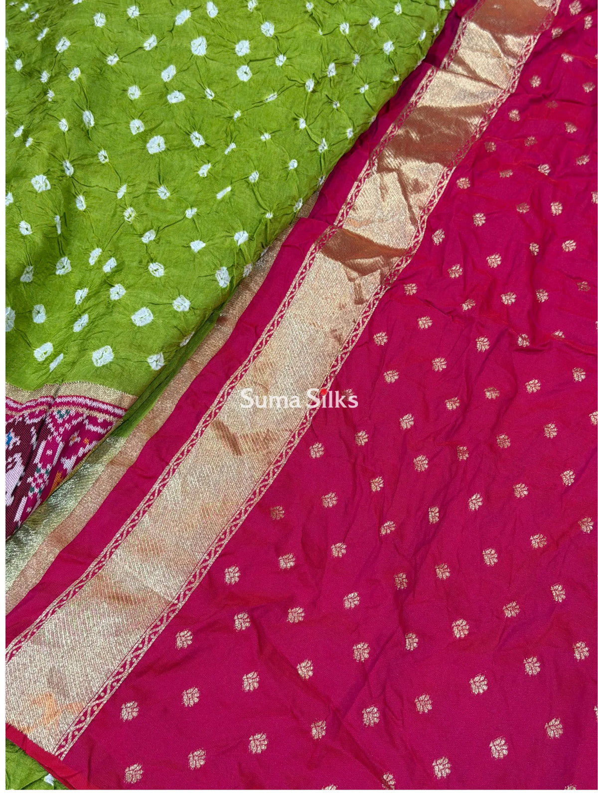 Hand Bandhej Patola Border Parrot Green Color