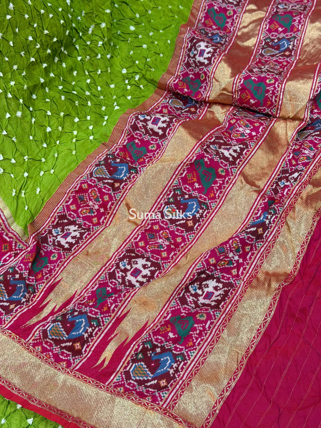 Hand Bandhej Patola Border Parrot Green Color