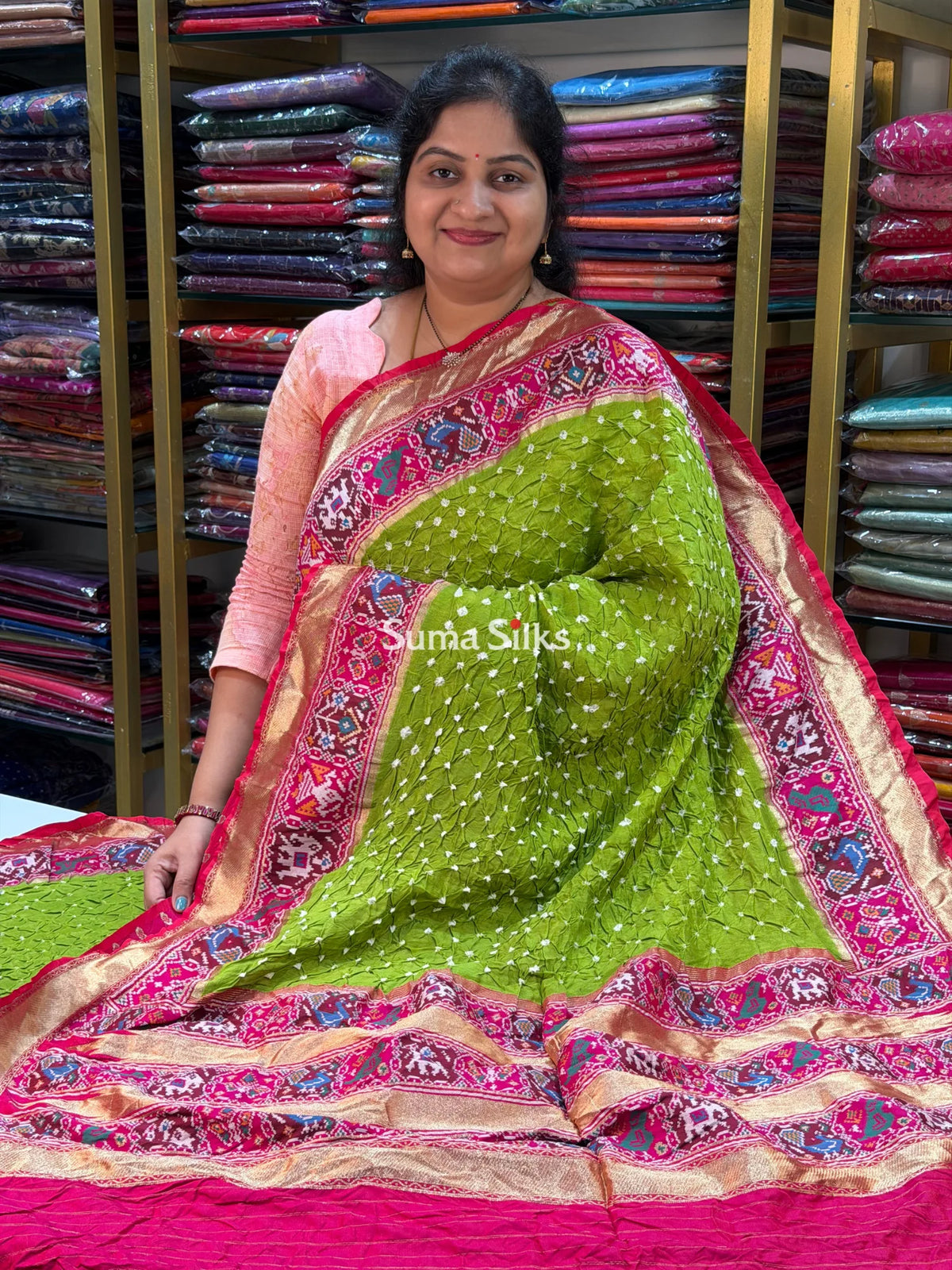 Hand Bandhej Patola Border Parrot Green Color