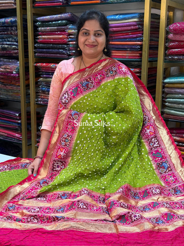 Hand Bandhej Patola Border Parrot Green Color