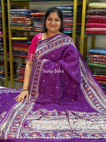 Hand Bandhej Patola Border Purple