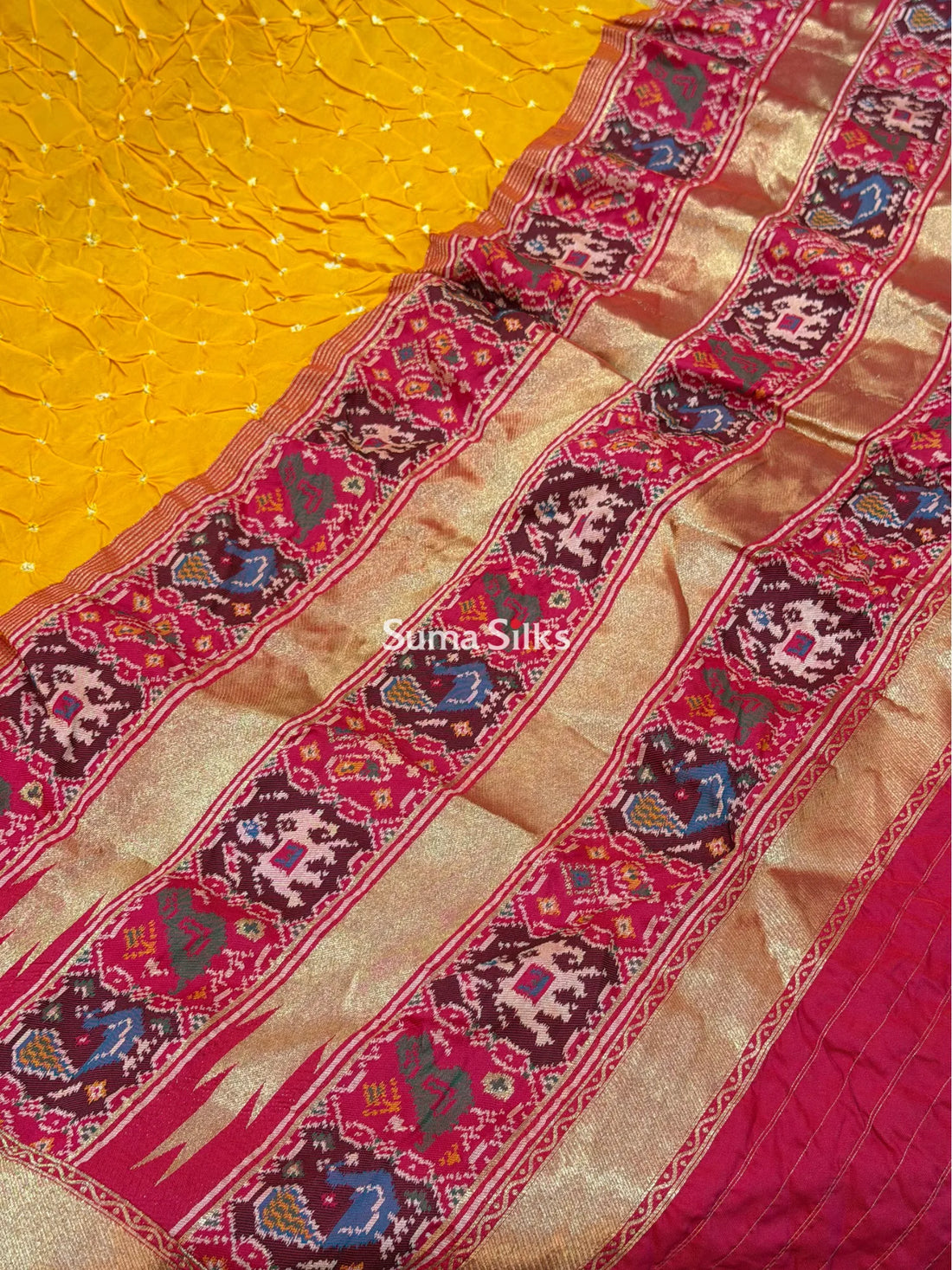 Hand Bandhej Patola Border Yellow Color