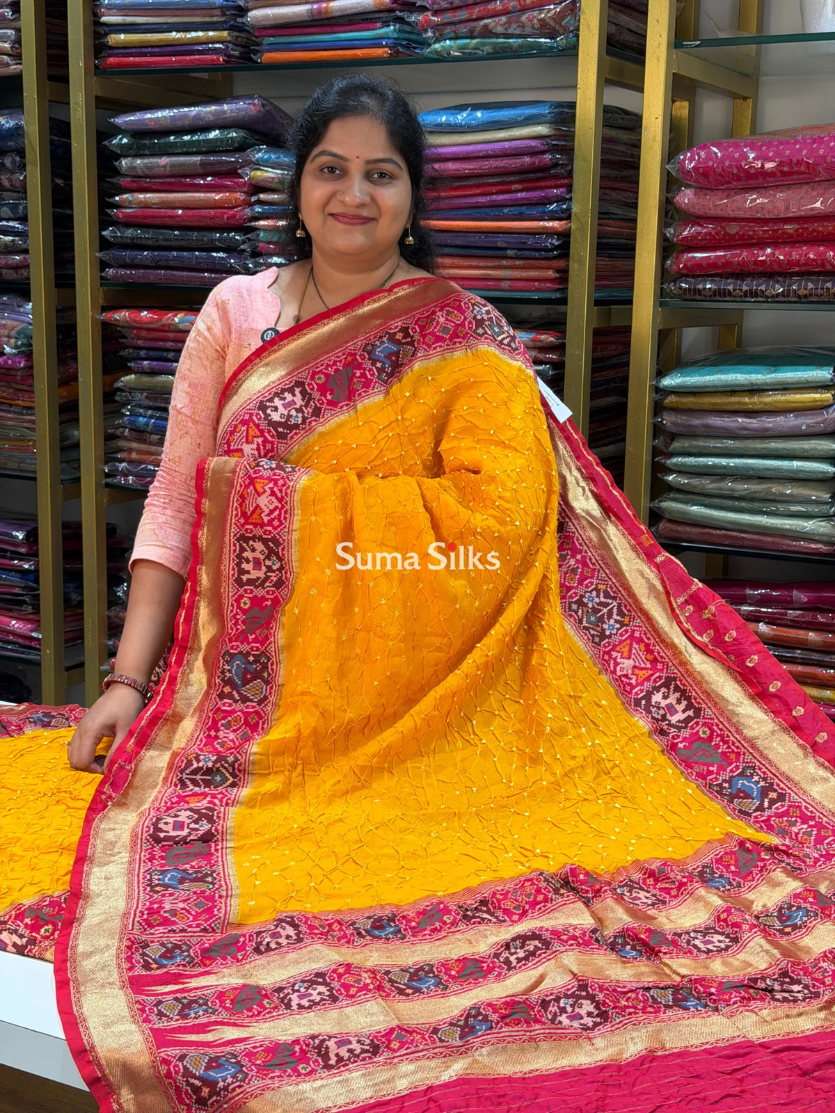 Hand Bandhej Patola Border Yellow Color