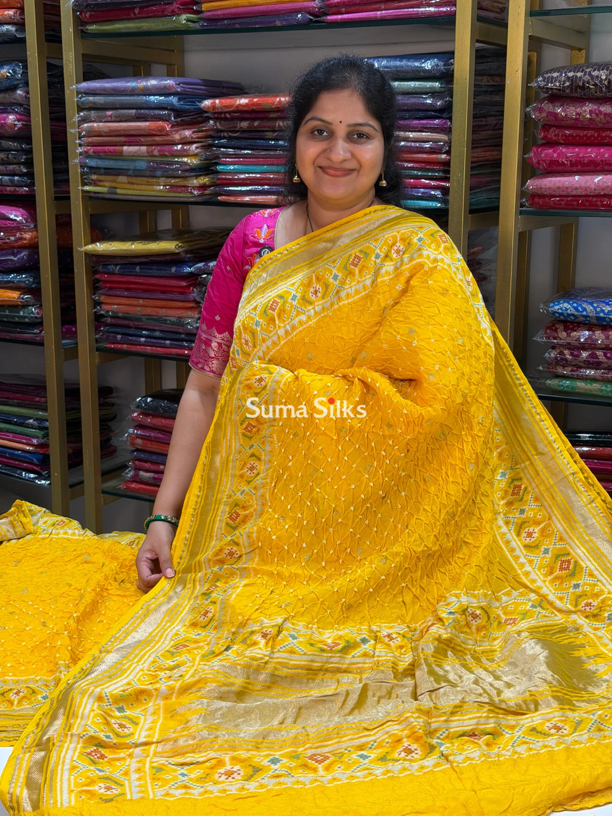 Hand Bandhej Patola Border Yellow