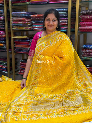Hand Bandhej Patola Border Yellow