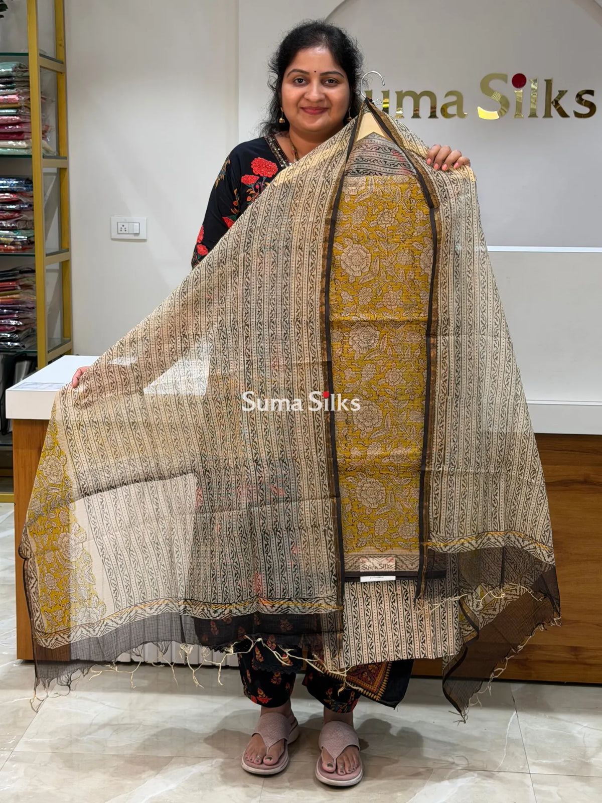 Jaipur Kota Floral Design Greenish Yellow Color Dress Material