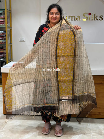 Jaipur Kota Floral Design Greenish Yellow Color Dress Material