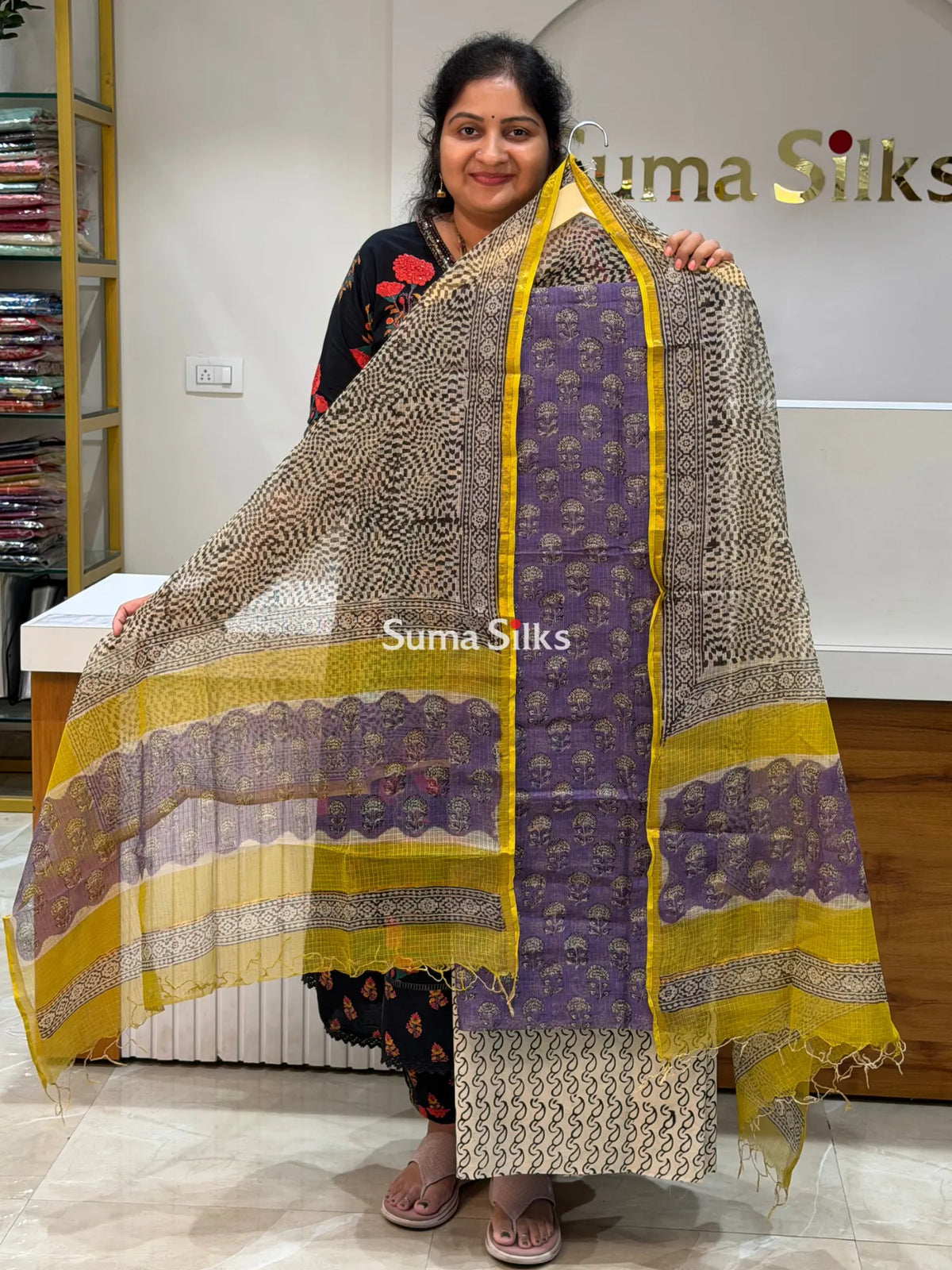Jaipur Kota Floral Design Lavender Color Dress Material