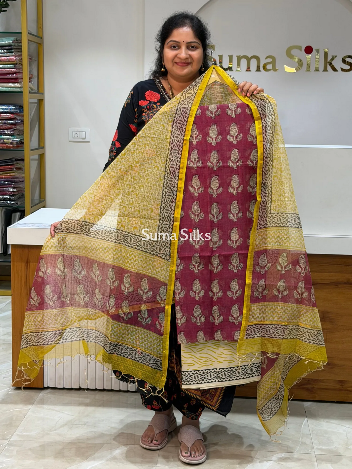 Jaipur Kota Leaves Design Magenta Color Dress Material