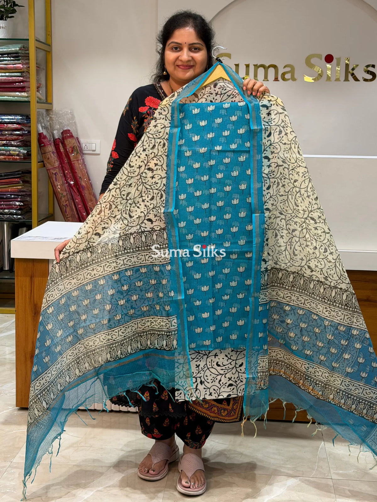 Jaipur Kota Lotus Design Blue Color Dress Material