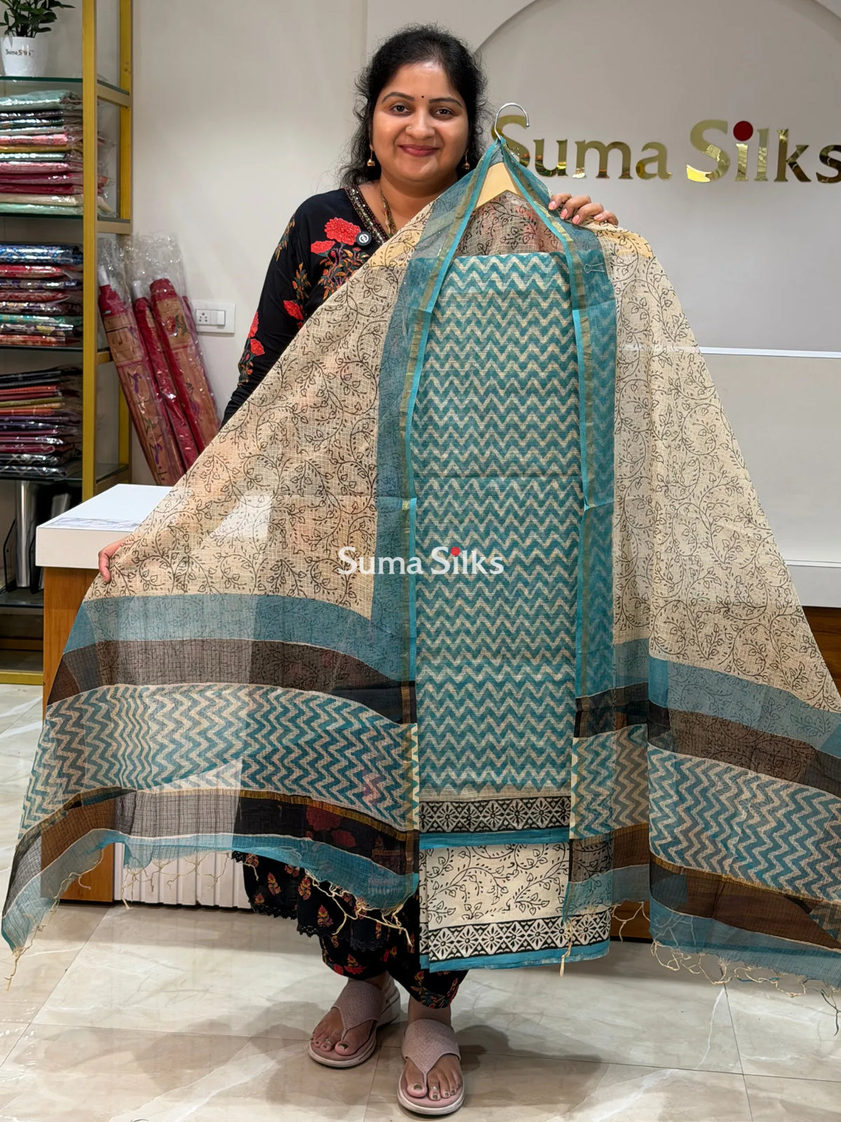 Jaipur Kota Zig Zag Design Sea Green Color Dress Material