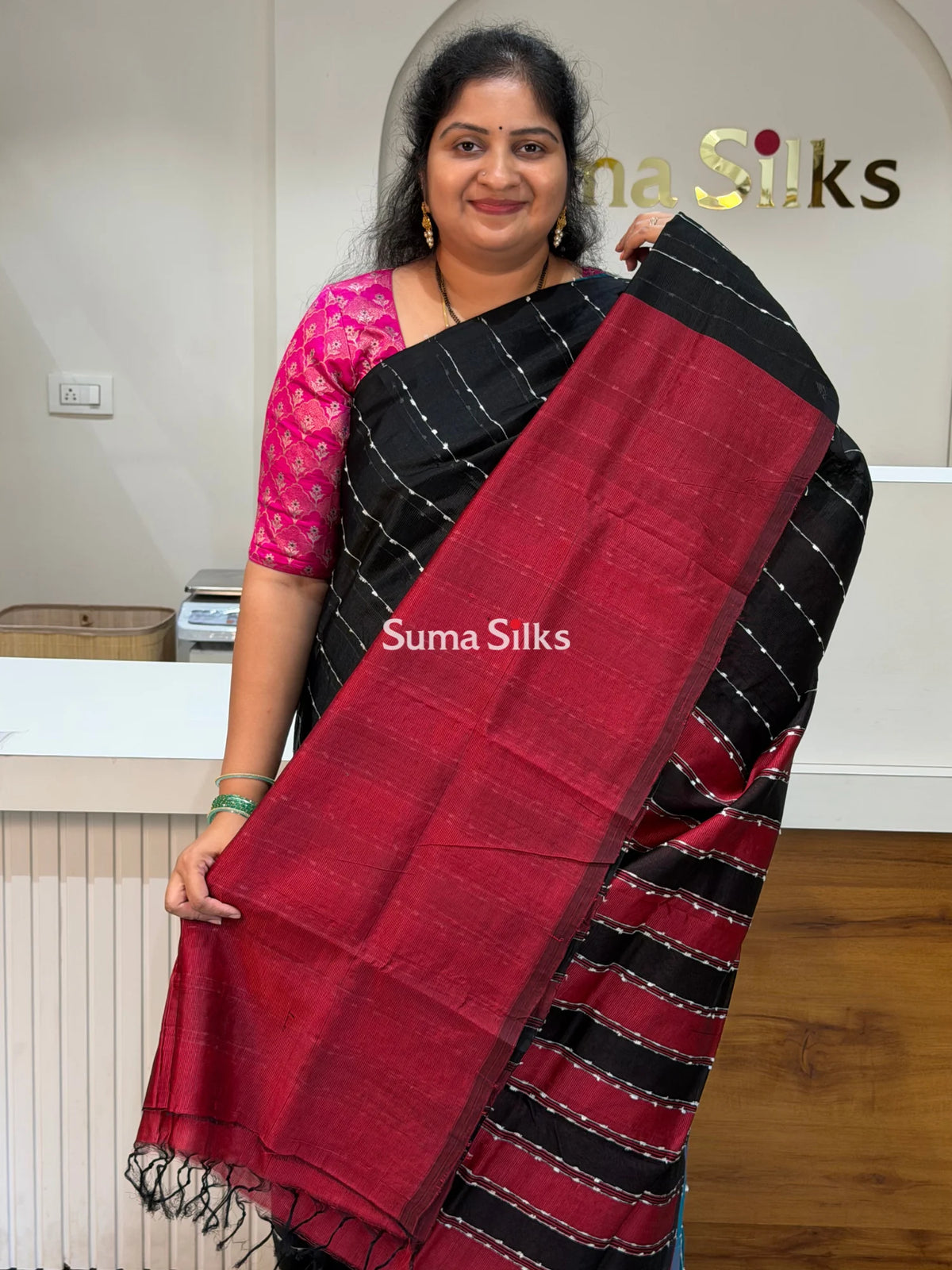 Jute Lines Mangalagiri Pattu Handloom Sarees Black Color