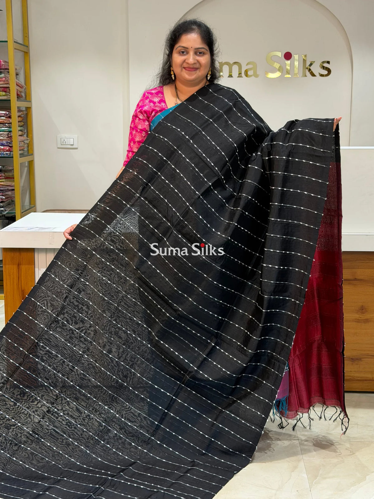 Jute Lines Mangalagiri Pattu Handloom Sarees Black Color