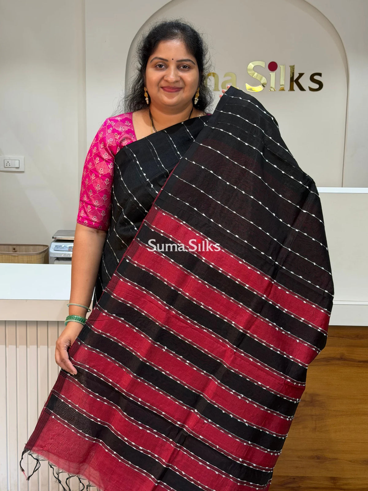 Jute Lines Mangalagiri Pattu Handloom Sarees Black Color