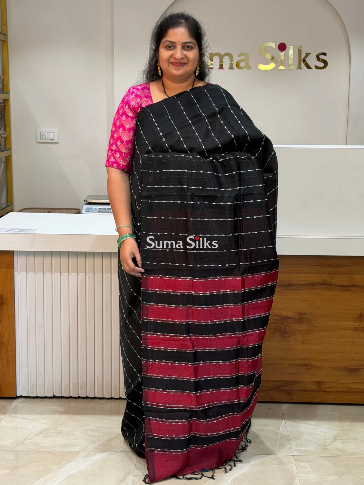 Jute Lines Mangalagiri Pattu Handloom Sarees Black Color