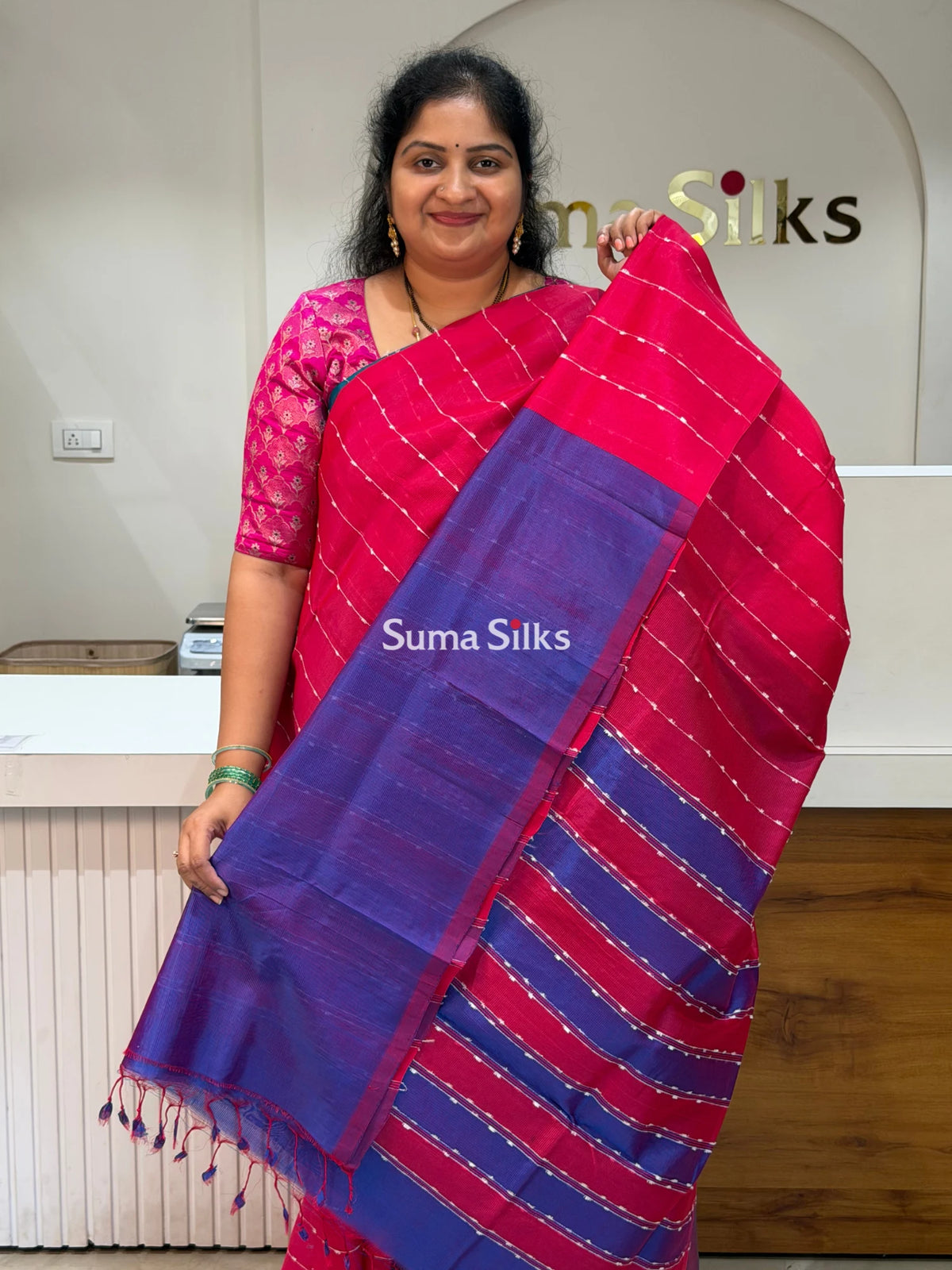 Jute Lines Mangalagiri Pattu Handloom Sarees Reddish Pink Color