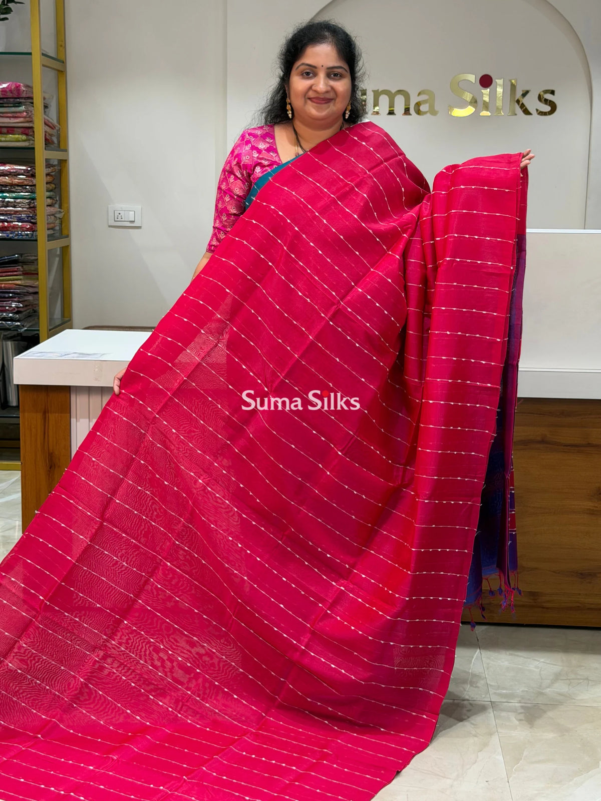 Jute Lines Mangalagiri Pattu Handloom Sarees Reddish Pink Color