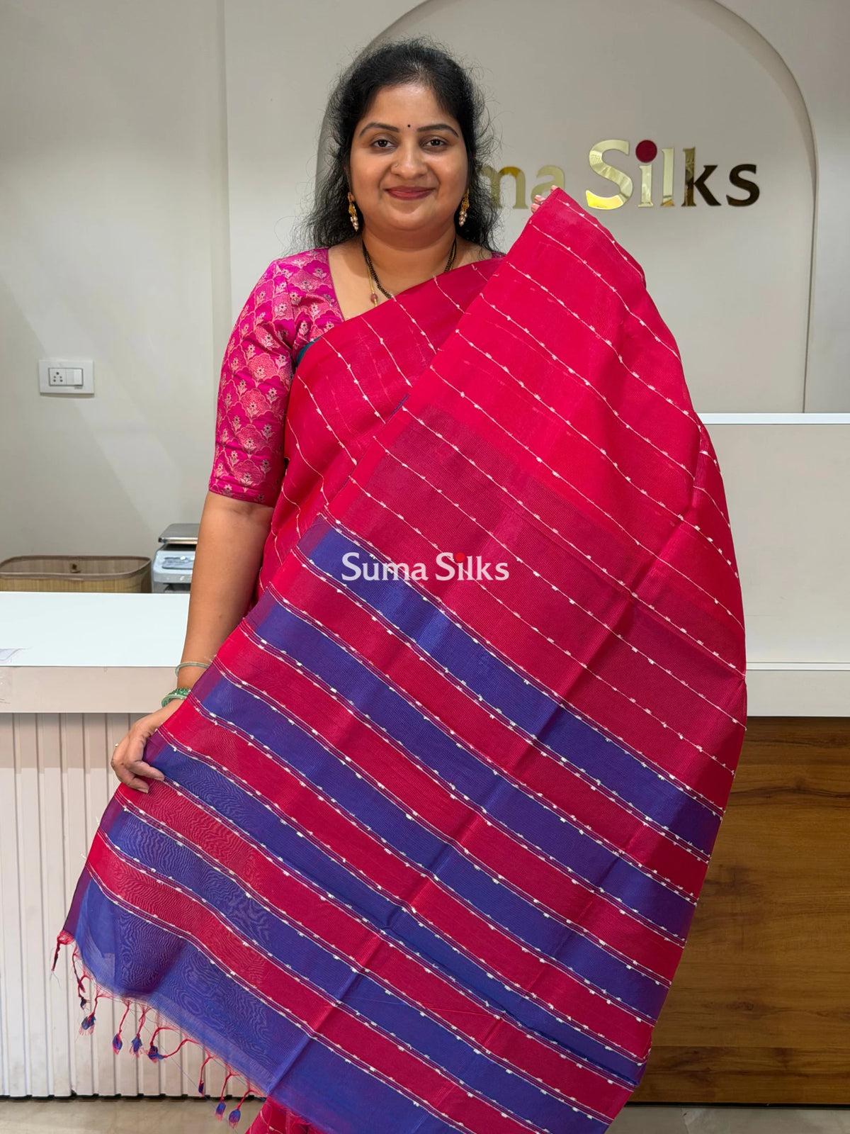Jute Lines Mangalagiri Pattu Handloom Sarees Reddish Pink Color