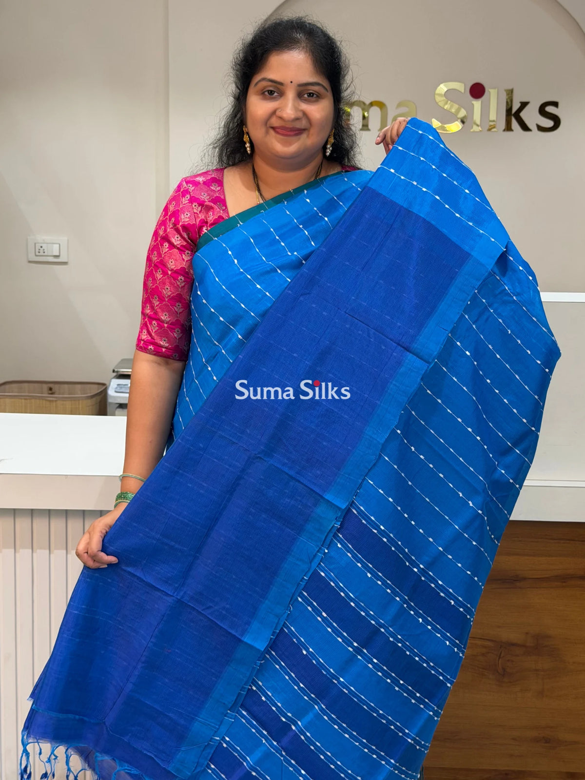 Jute Lines Mangalagiri Pattu Handloom Sarees Royal Blue Color