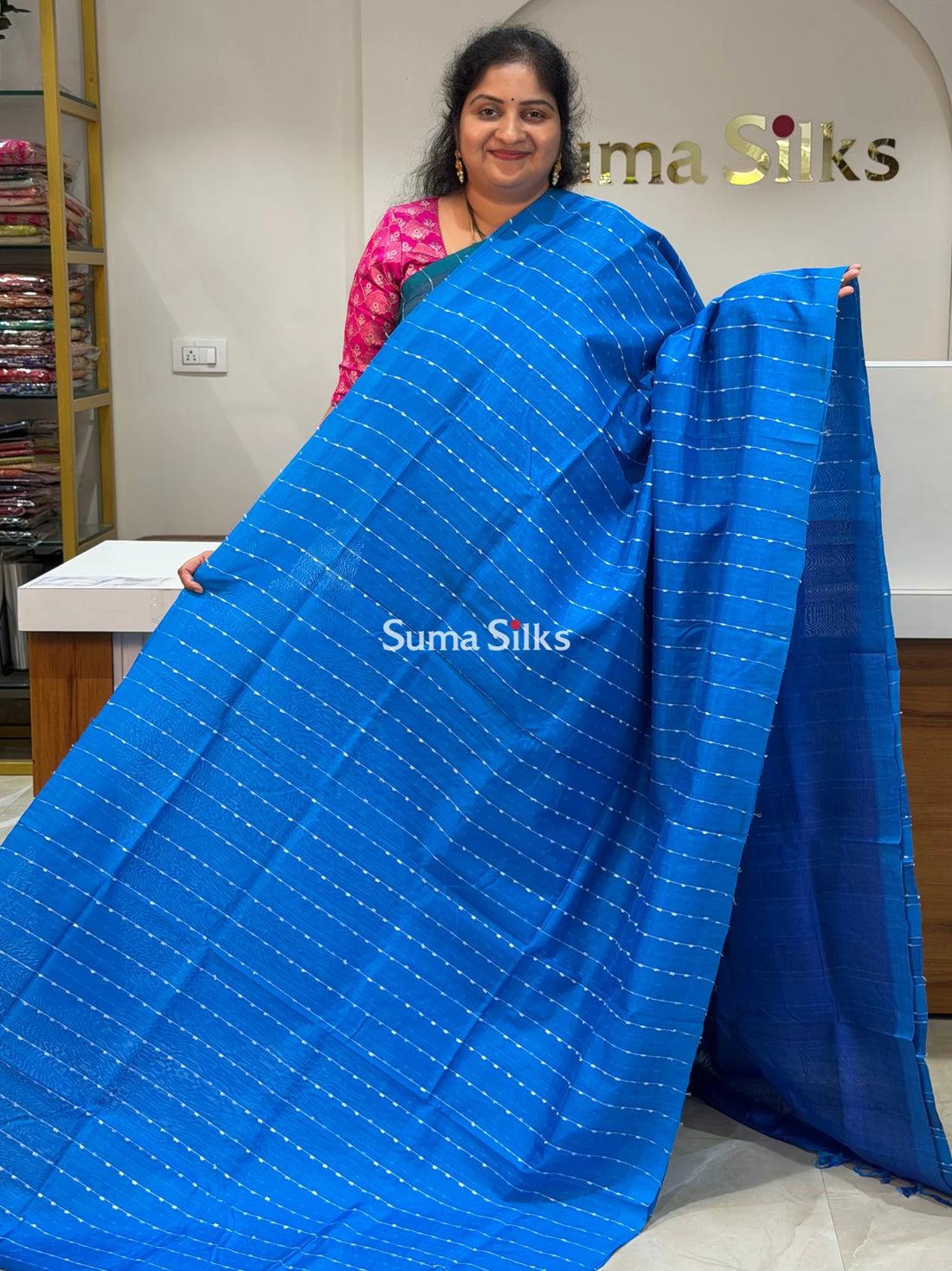 Jute Lines Mangalagiri Pattu Handloom Sarees Royal Blue Color