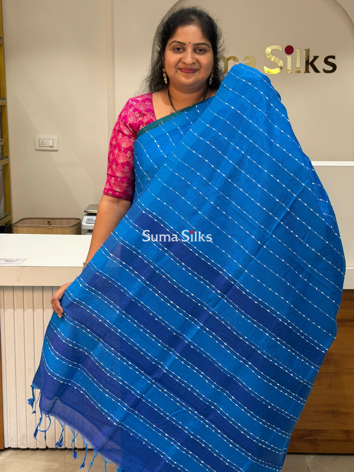 Jute Lines Mangalagiri Pattu Handloom Sarees Royal Blue Color